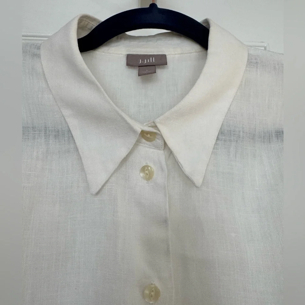 J.Jill 100% Linen Collared Button Down Cinched Short Sleeve White Top Size Large - Picture 4 of 11
